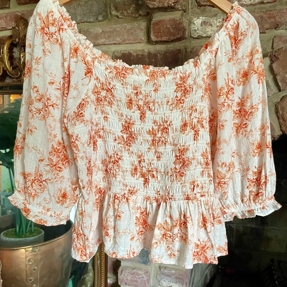 LOFT Orange Smocked Floral Peplum Blouse Puff Sleeve Cottagecore Resort Retro